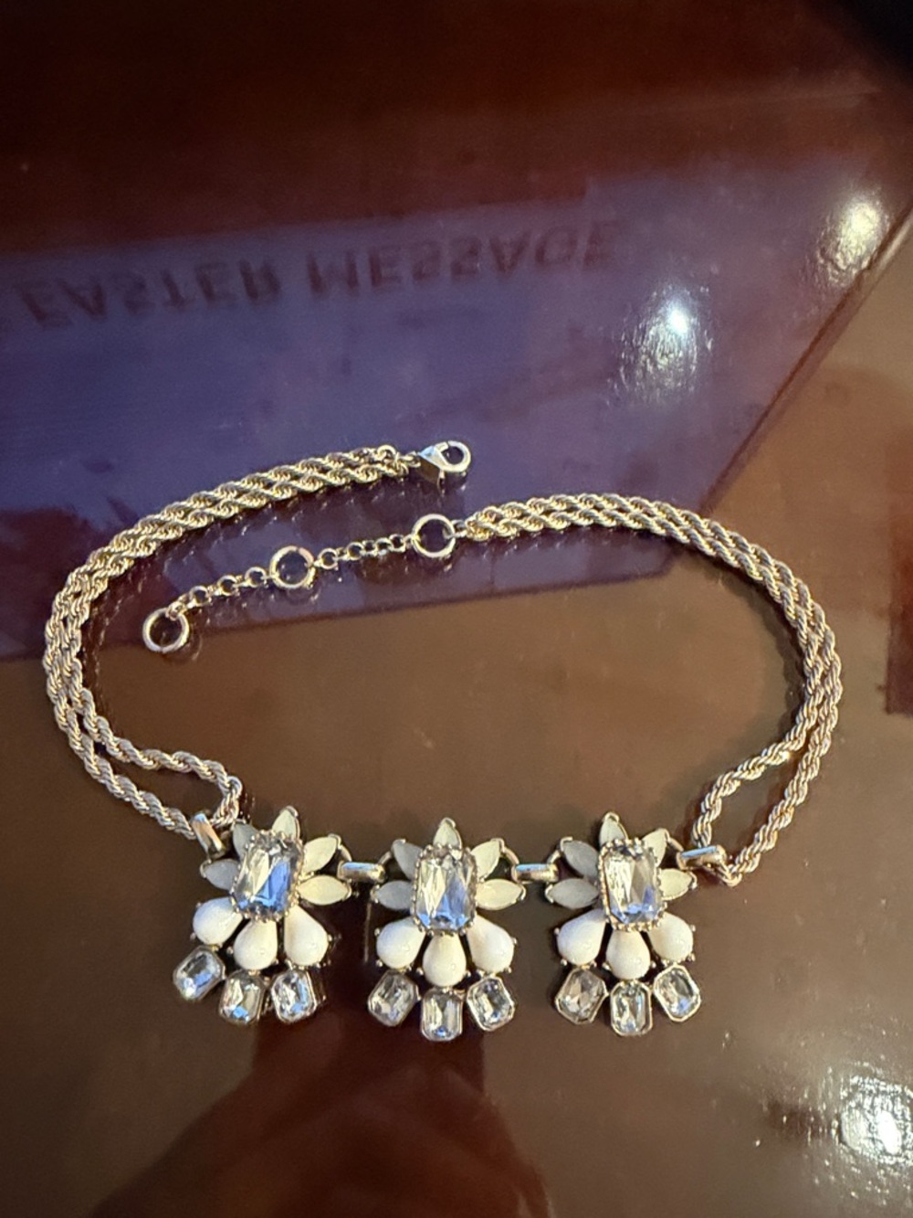 J. Crew Gold Tone Necklace with White Floral Crystal Clusters